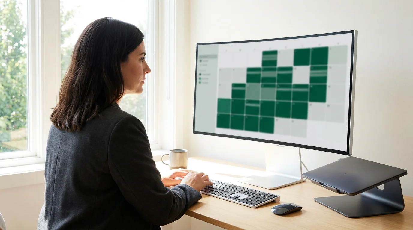 A professional woman using a digital calendar to block focus time in her sunlit home office.