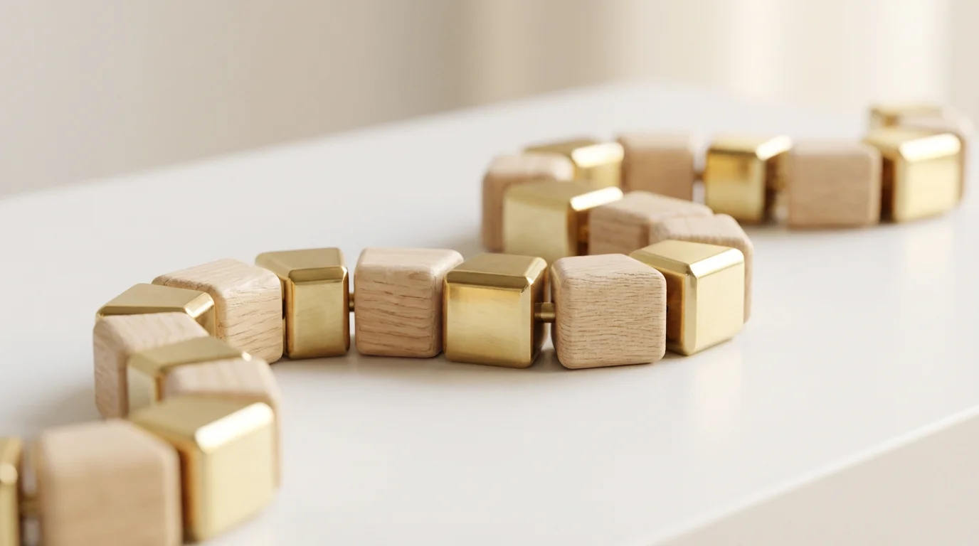 A sequence of polished wood and brass geometric blocks linked together on a clean white desk.