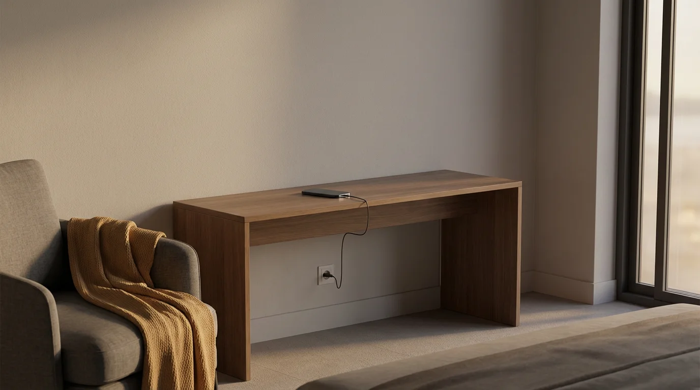 A smartphone plugged into a charger on a distant console table in a peaceful, modern bedroom.