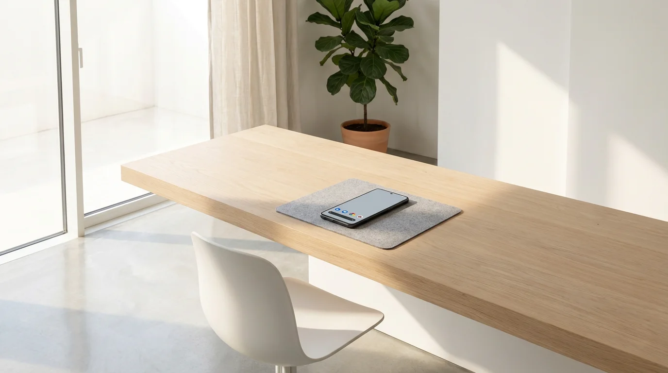 A smartphone showing a minimalist home screen resting on a clean, light-wood desk in bright window light.