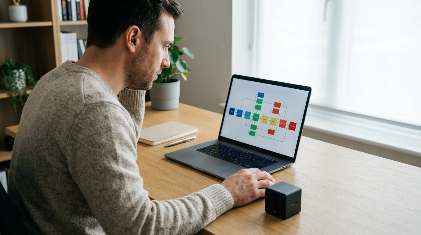 A solo creator uses a physical focus timer to manage structured project time.
