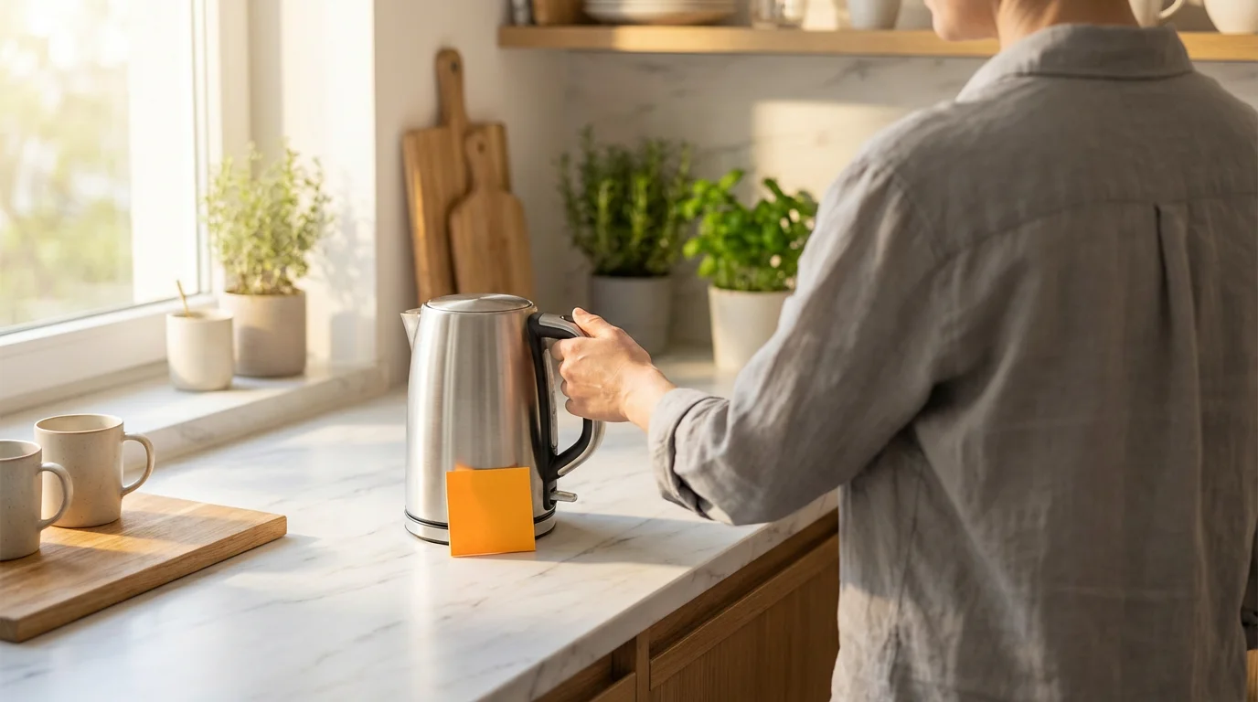 A vibrant blank sticky note placed next to a coffee kettle on a marble counter in morning light.