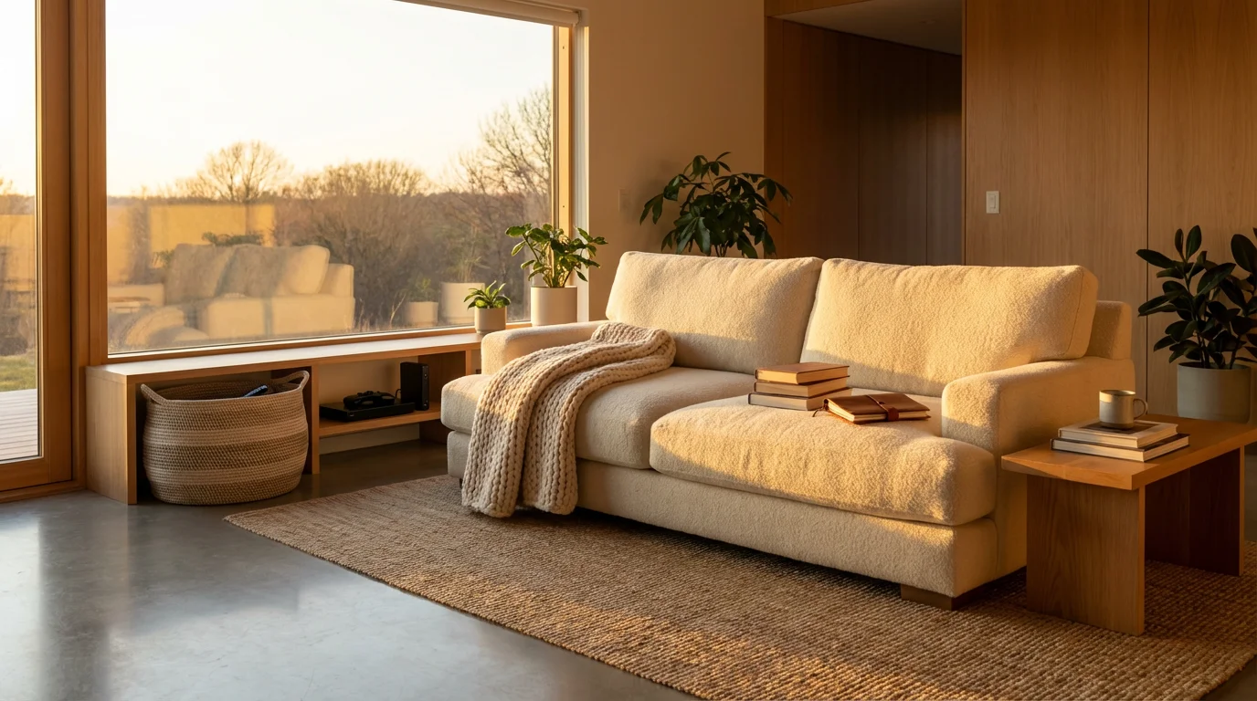 A warm, wide photograph of a clean living room showing organized books and hidden electronics.