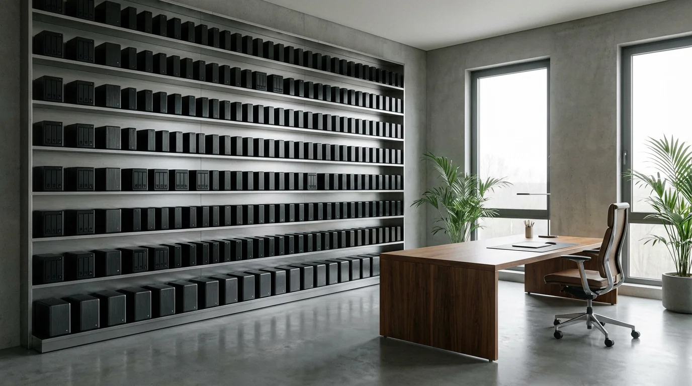 A wide shot of a systematic array of uniform external hard drives on shelves, representing digital organization.