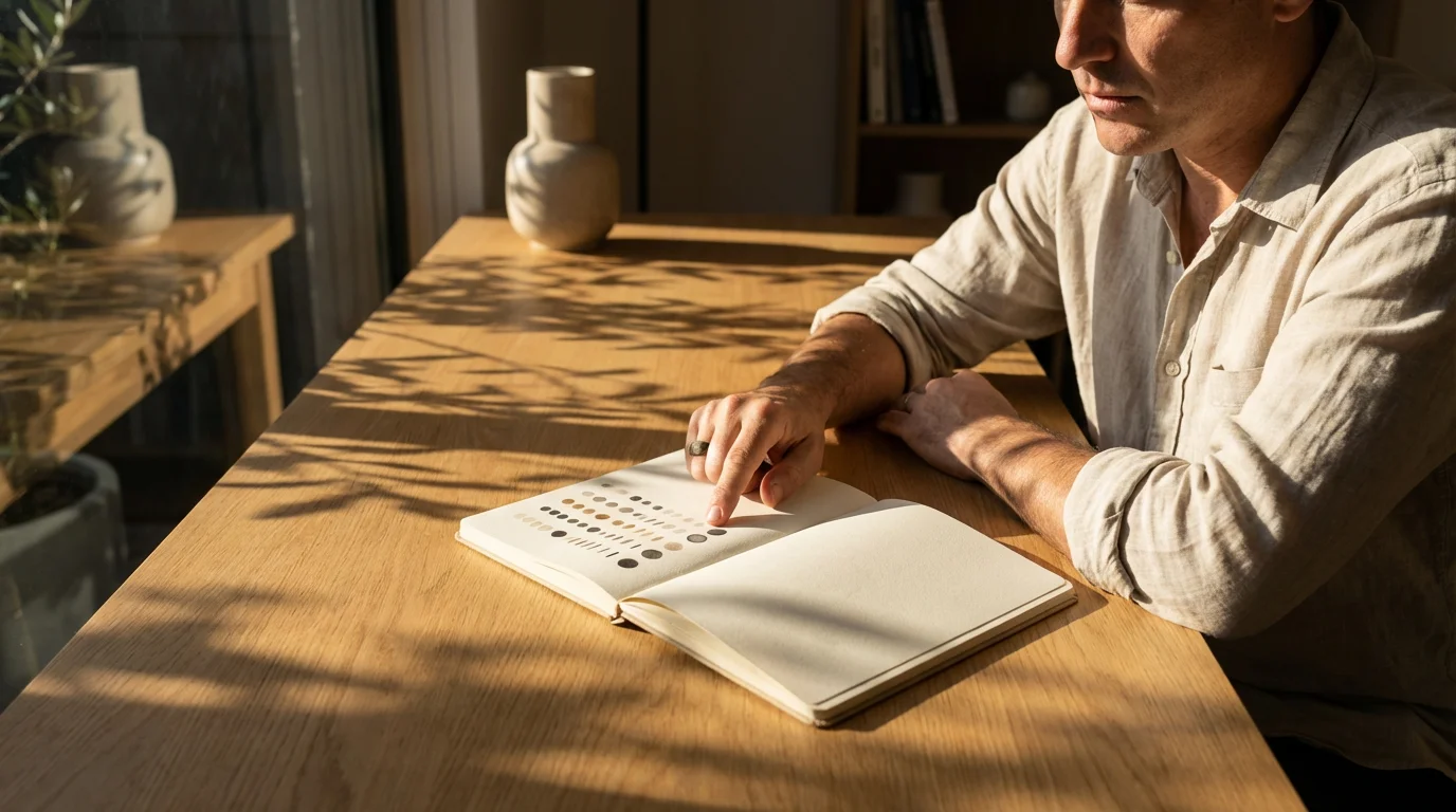 Adult person analyzing a simple habit tracking notebook under moody afternoon light and shadows.