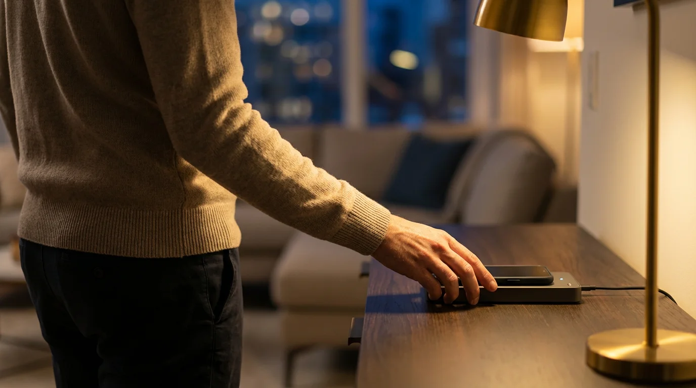 Adult plugging in a generic smartphone into a remote charger during an evening wind-down routine.