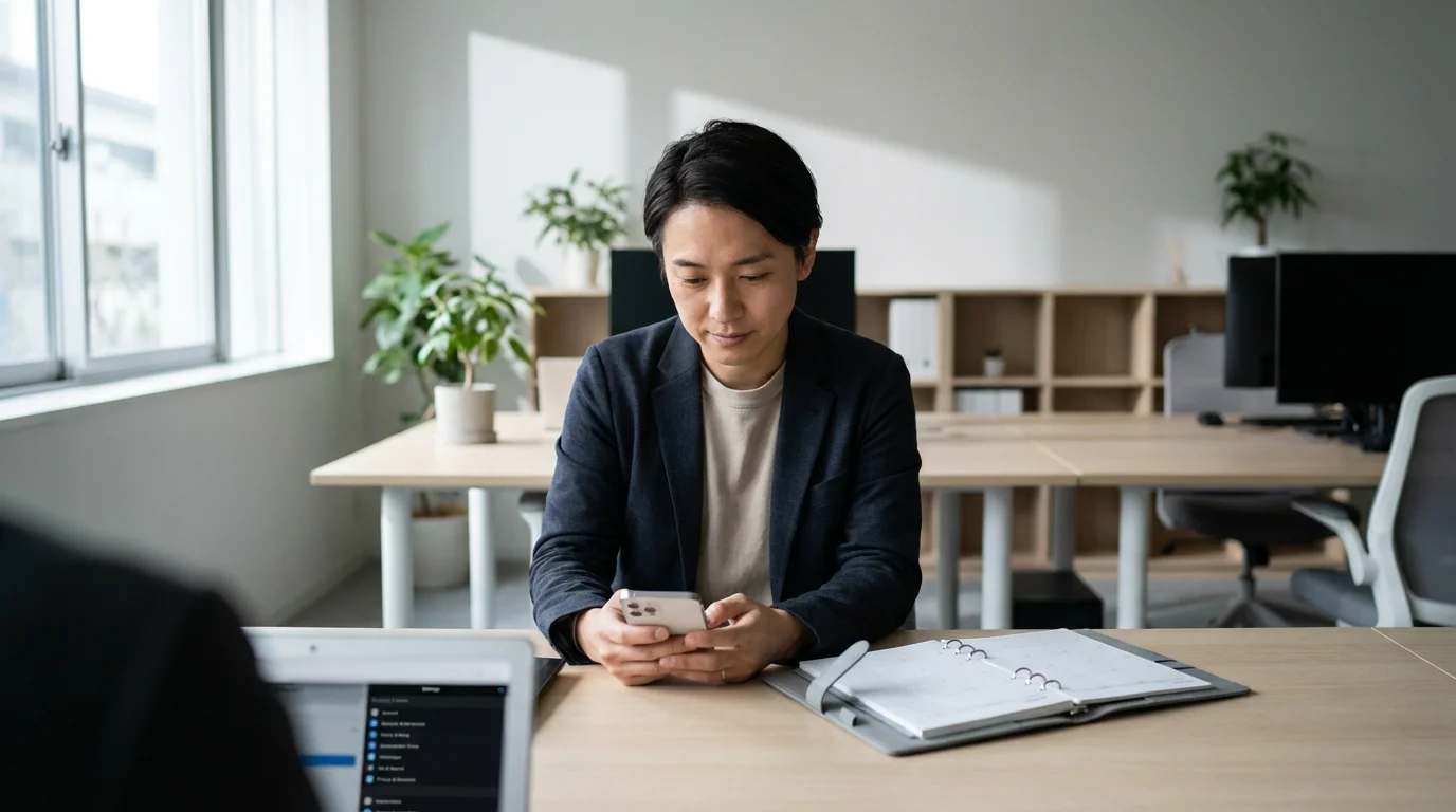 Adult reviewing smartphone notifications at a modern desk under bright natural window light.
