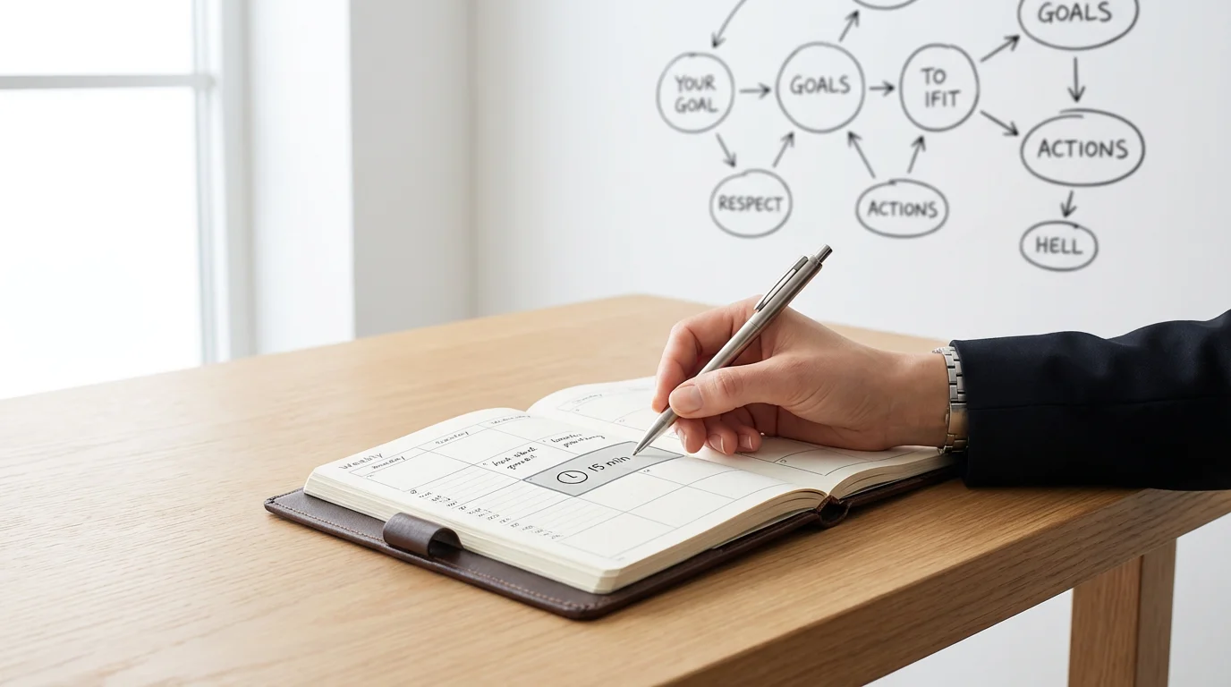 An eye-level photo of a planner and pen on an oak desk representing a 15-minute weekly goal review.