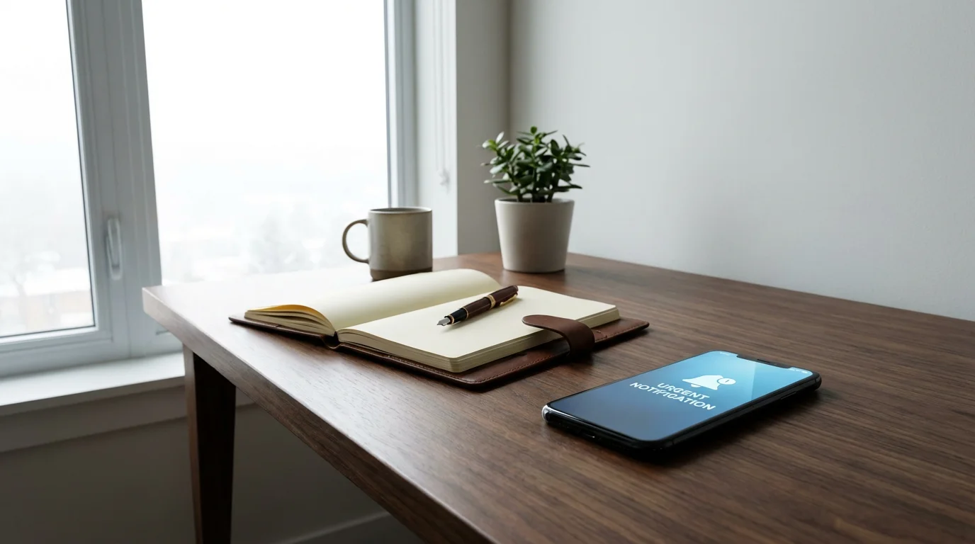 Analog journal and pen on a wooden desk next to a glowing, distracting smartphone screen.