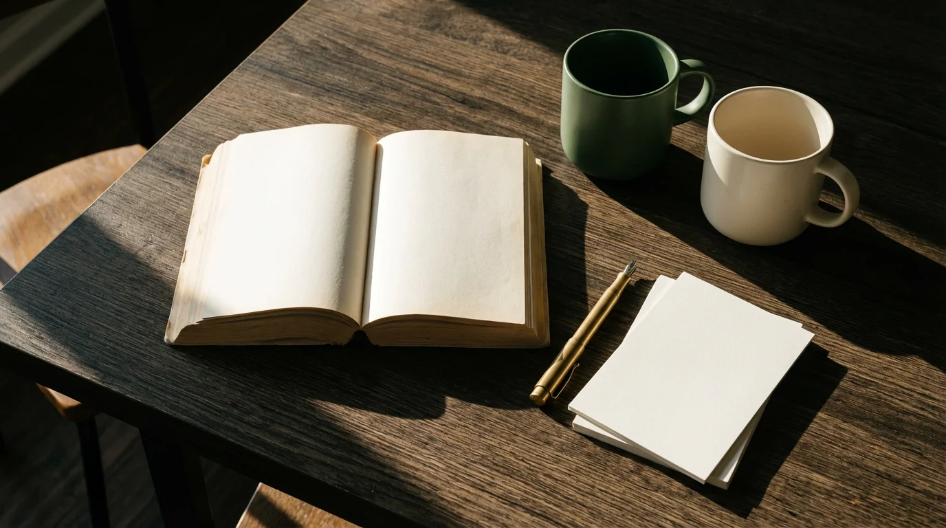 Analog objects including an open book, two ceramic mugs, and a pen on a dark table under moody afternoon light.