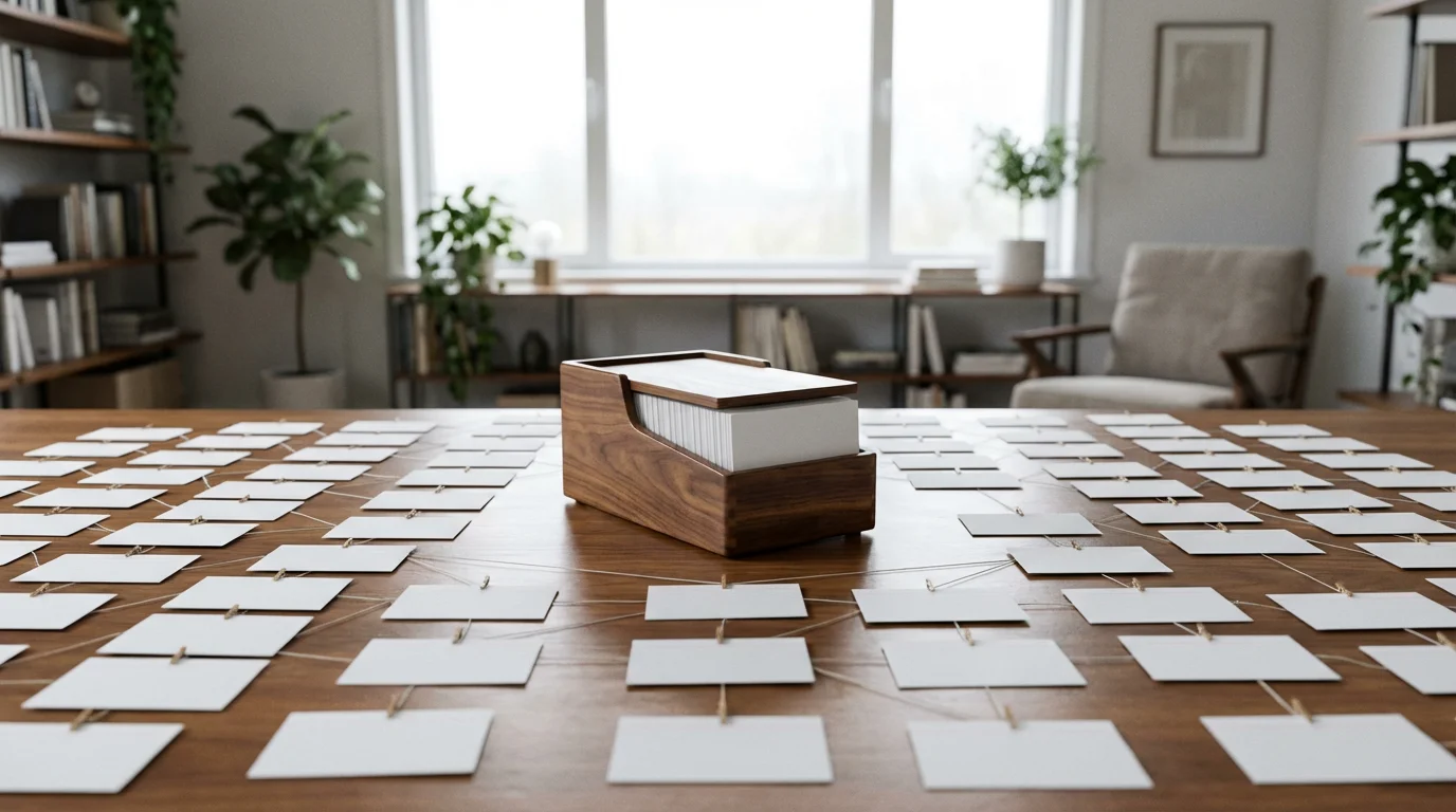 Analog wooden Zettelkasten slip-box surrounded by a sprawling, organized network of index cards on a desk.
