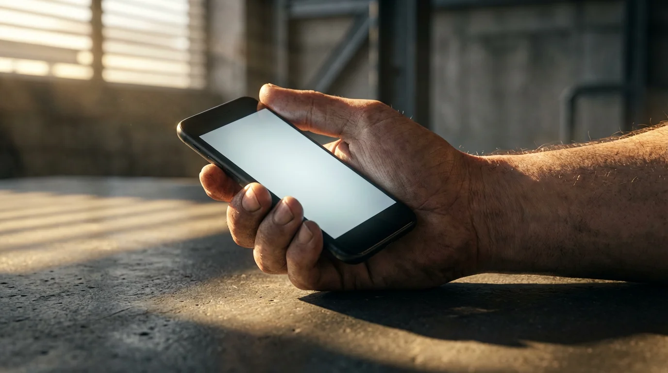 Anonymous hand gripping a minimalist smartphone tightly, dramatic shadows from moody afternoon light.