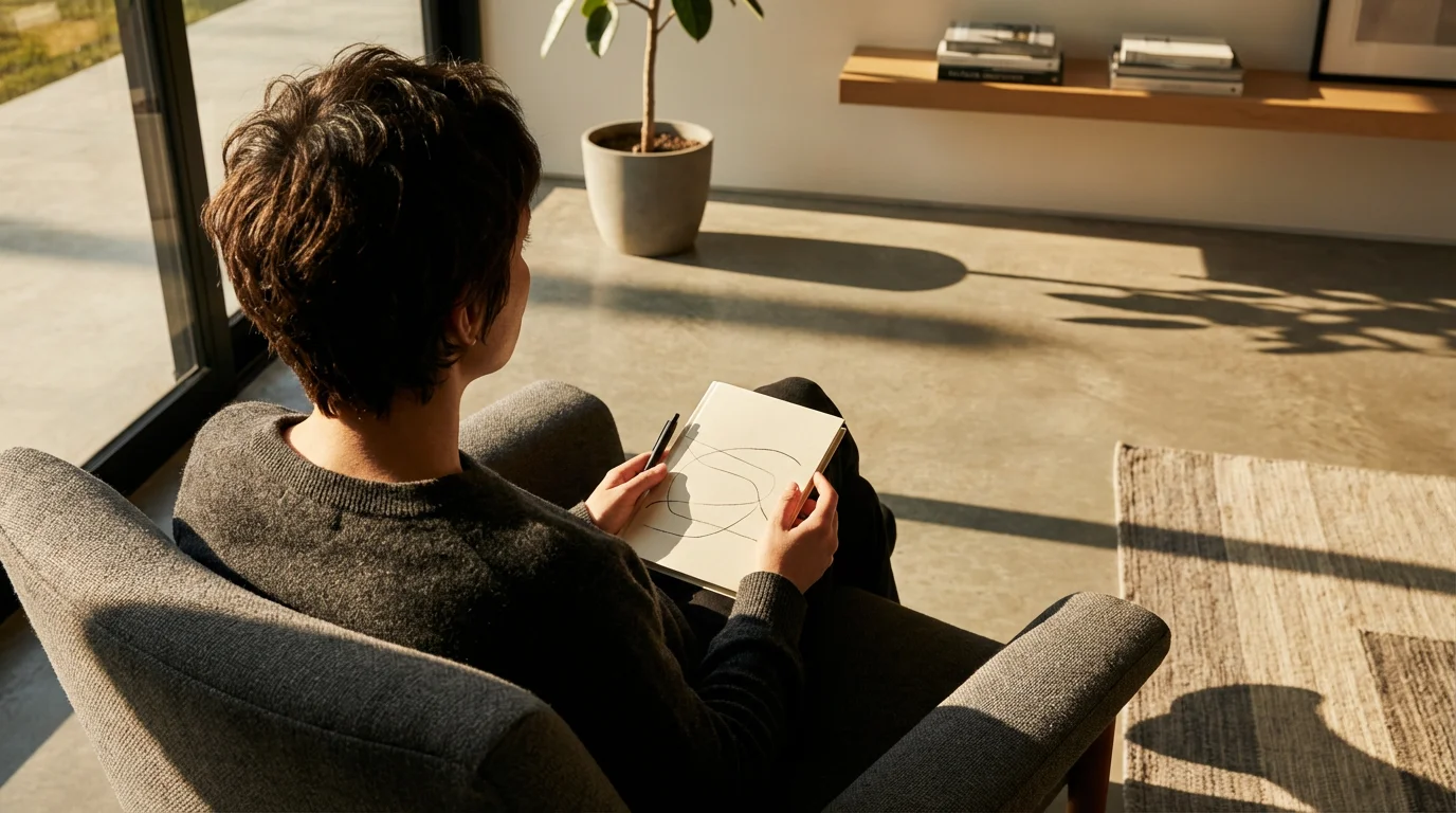 Anonymous person cultivating a focused mindset in deep reflection, lit by moody afternoon shadows.
