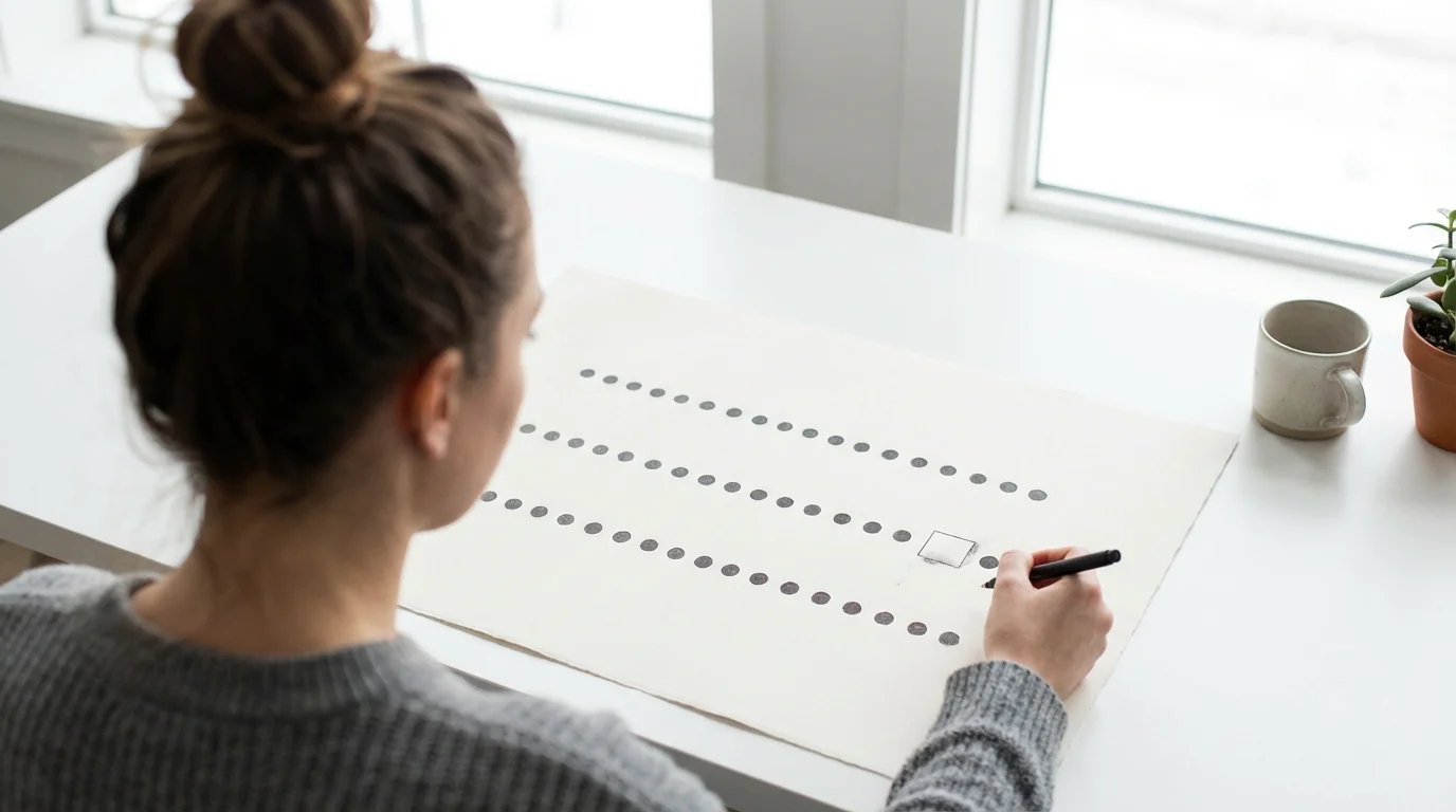 Anonymous person reviewing a dense habit tracker showing a long streak broken by one missed day.