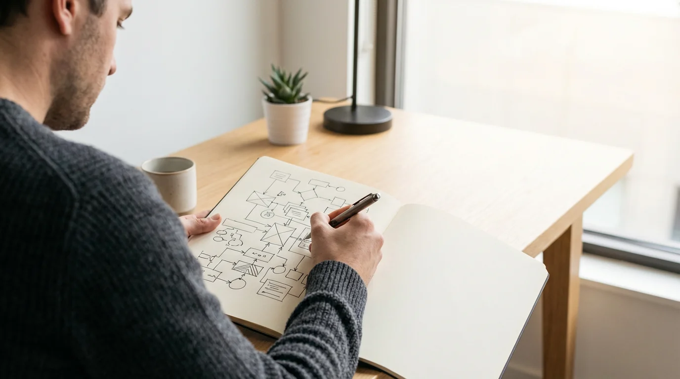 Anonymous professional mapping a complex project structure in a notebook under soft morning light.