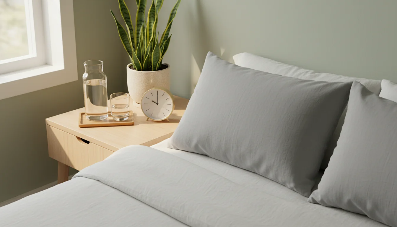 A neatly arranged bedside table in a naturally lit bedroom. It has a water carafe, minimalist alarm clock, and a snake plant next to a bed with neutra