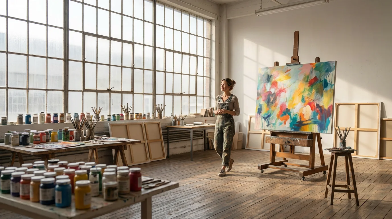 Artist standing in sunny studio looking confidently at abstract painting on easel.