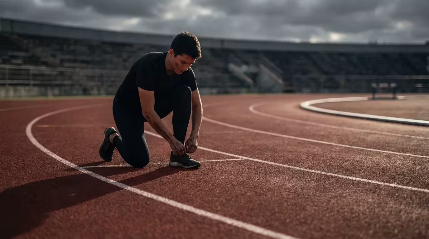 Athlete crouching on a running track adjusting shoe laces in dramatic afternoon light.