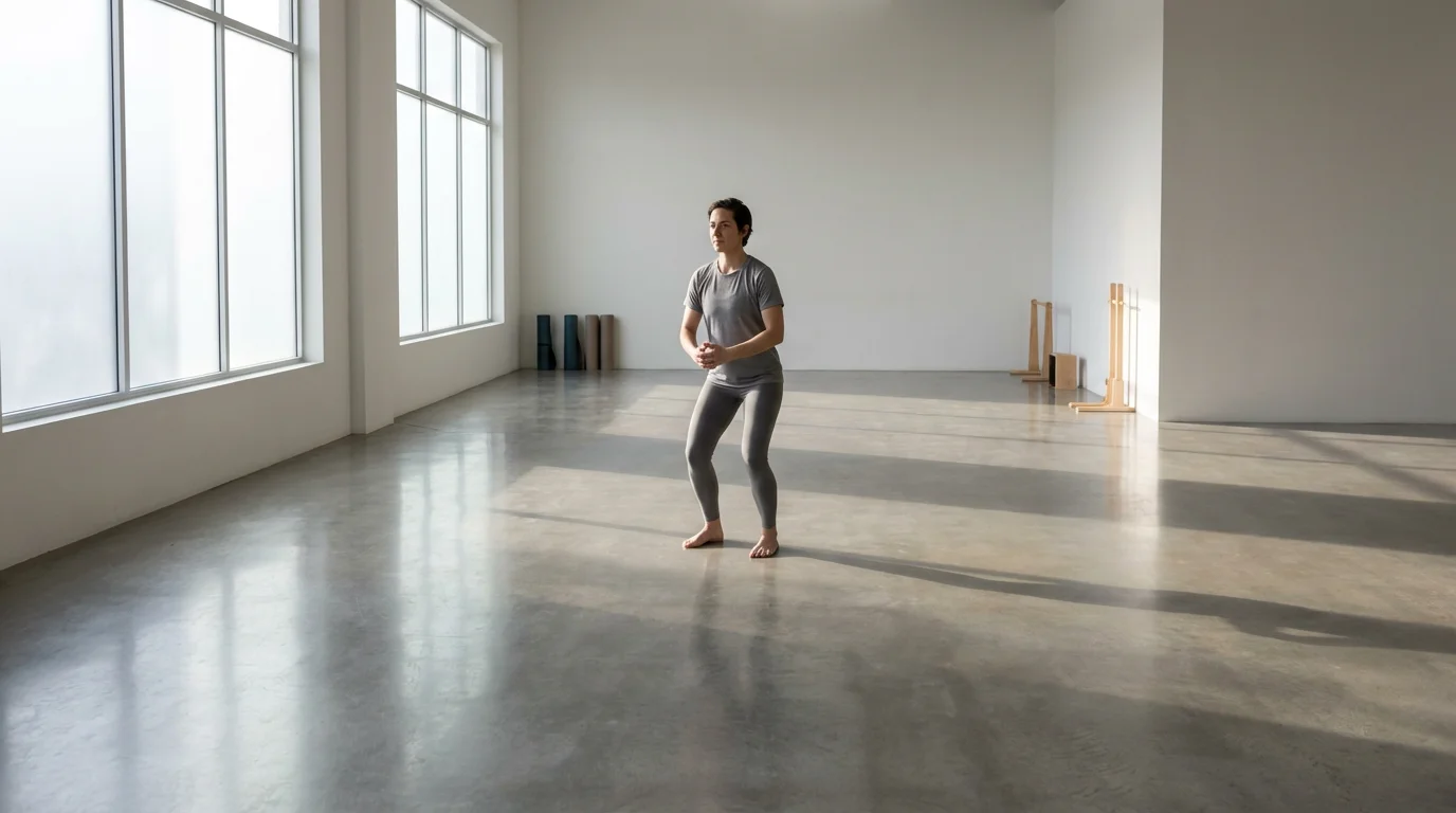 Athlete performing a single, tiny squat movement in a large, clean studio.