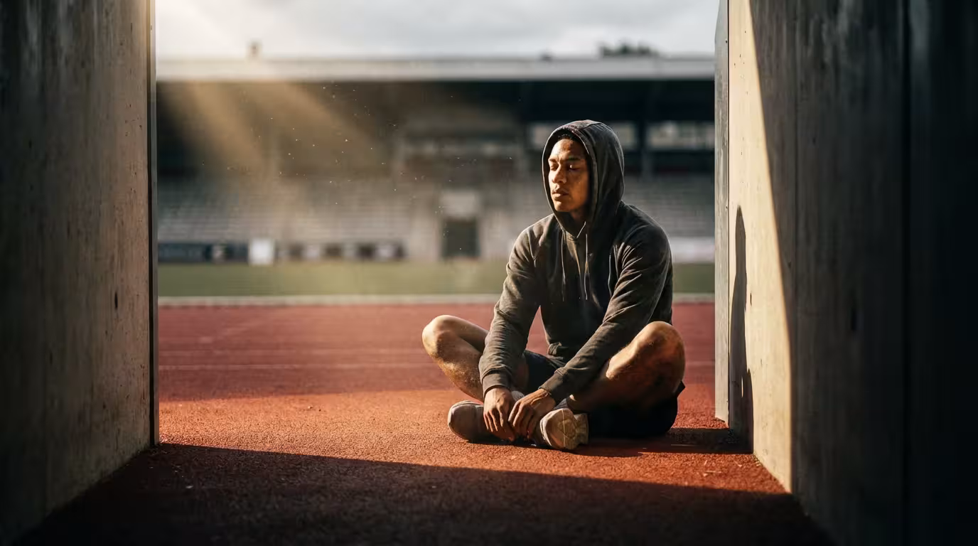Athlete with closed eyes visualizing performance on a track during moody afternoon lighting.