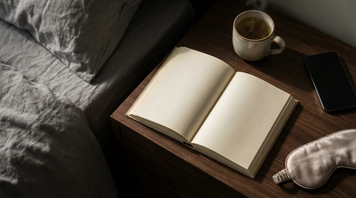 Bedside table with open book, herbal tea, and face-down phone for evening digital detox.