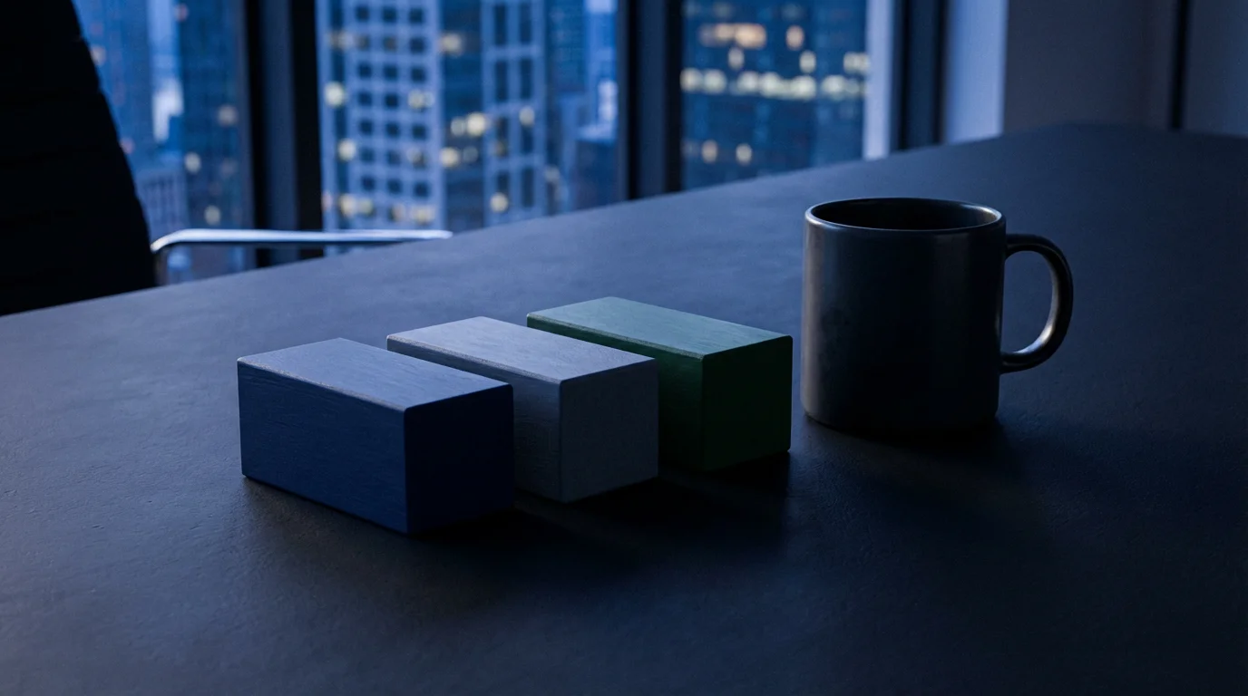 Blue hour photograph of minimalist wooden focus blocks and mug on a dark desk.