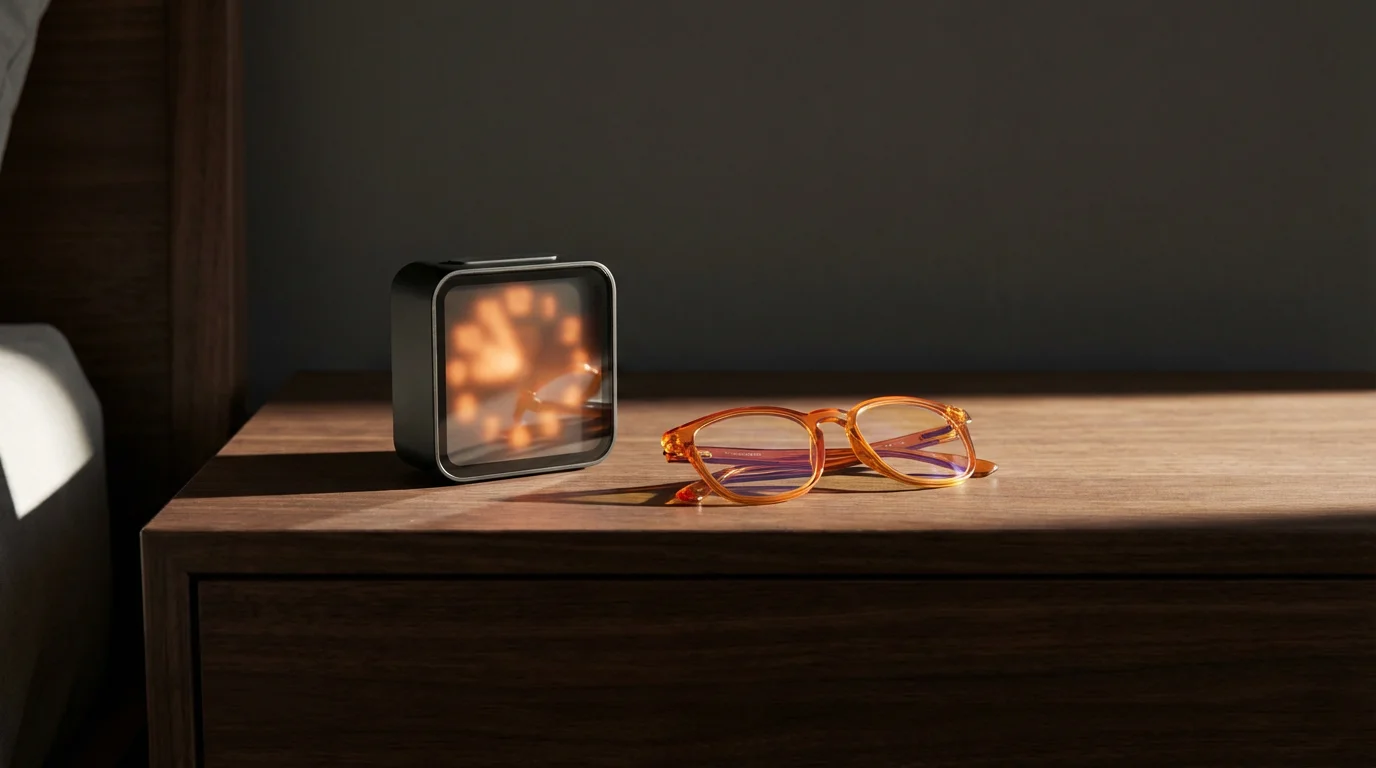 Blue light blocking glasses and a dim alarm clock casting shadows on a dark bedside table.