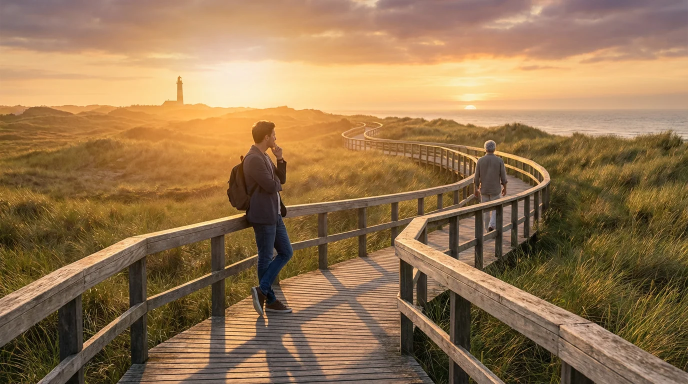 Boardwalk path at golden hour showing people at different life stages walking along.