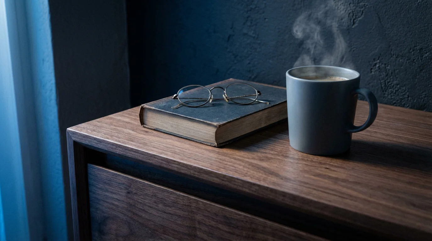 Books and steaming tea cup on nightstand in blue evening light representing habit stacking.