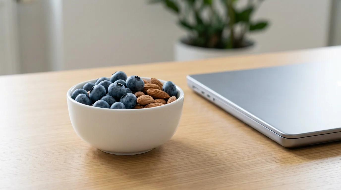 Bowl of blueberries and almonds on a wooden desk representing healthy habit rewards.