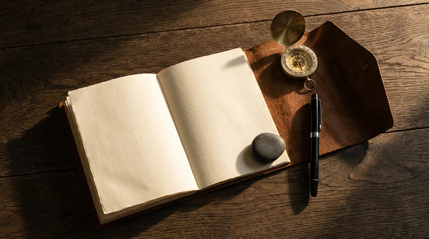 Brass compass and blank journal on dark wood desk with dramatic shadows.