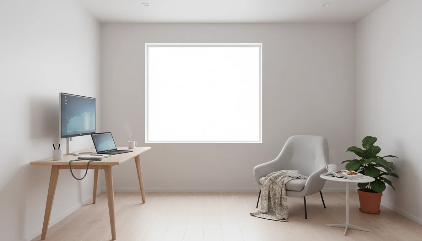 Bright home office with a light wood desk for deep work and a grey armchair for reading, showing organized zones.