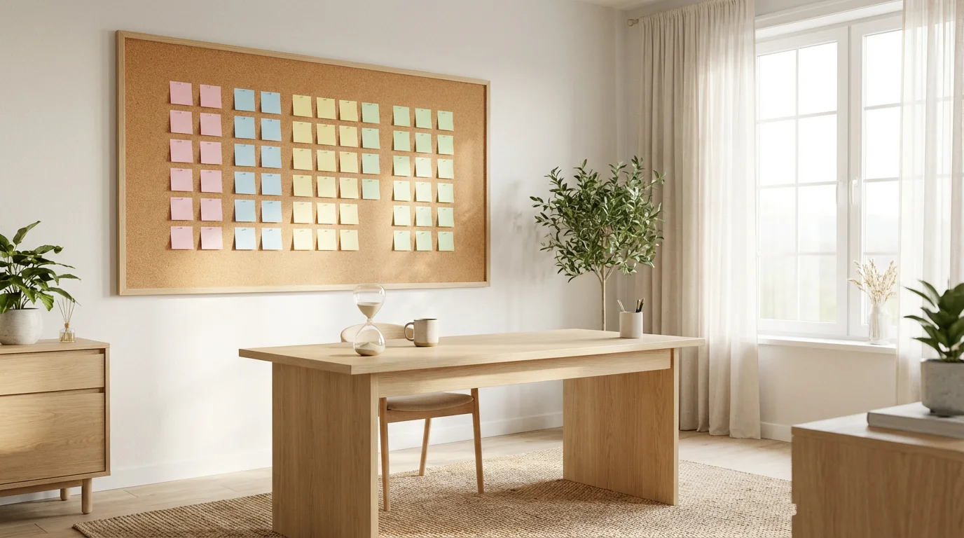 Bright home office with organized corkboard and blank sticky notes in soft morning light.