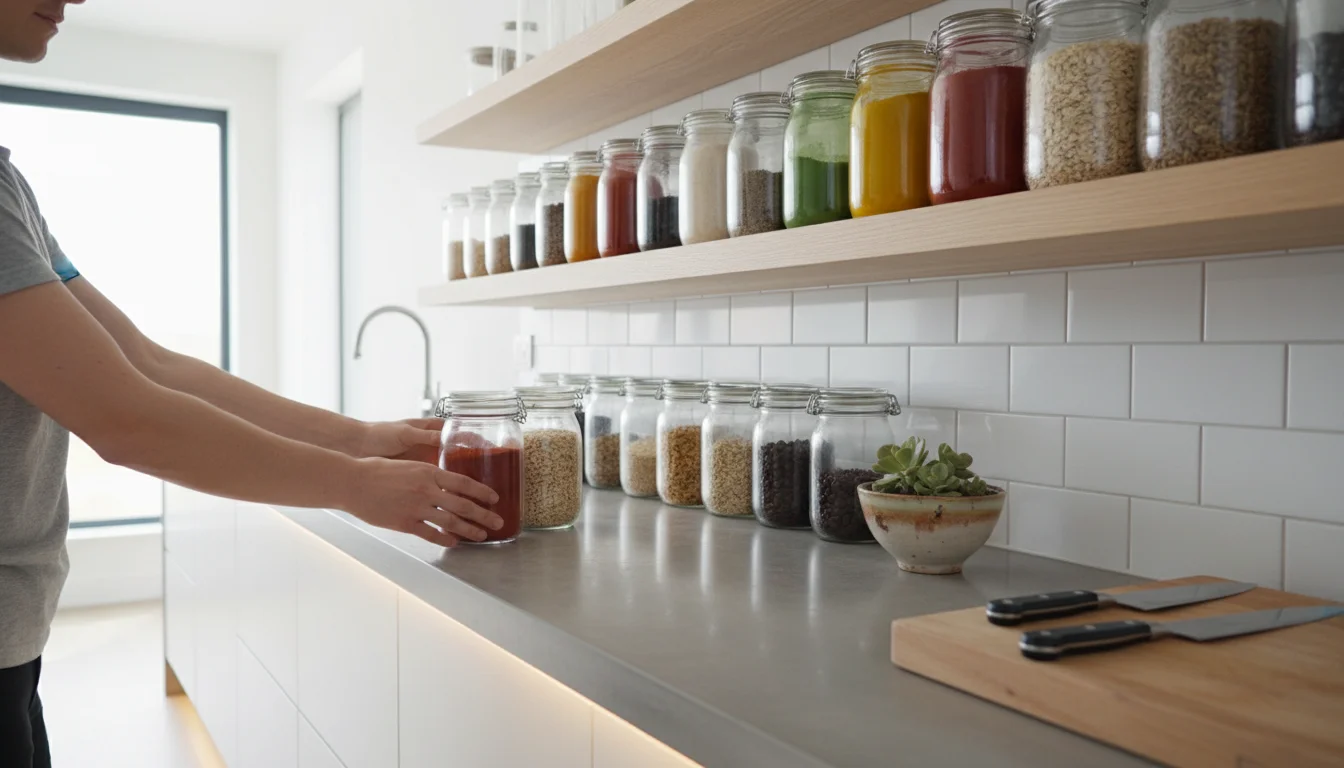 A bright kitchen counter with hands organizing spice jars on a shelf. A small stack of items awaits sorting nearby.