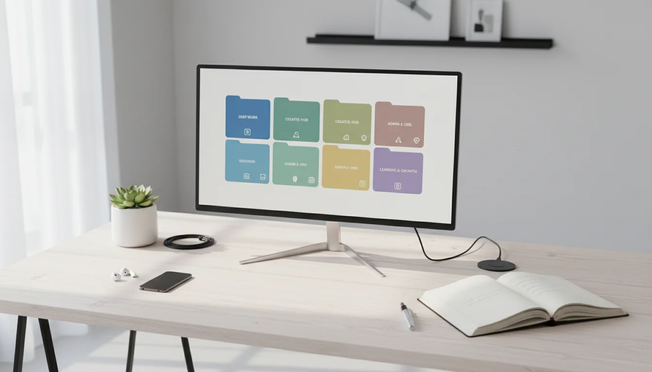 A bright, minimalist desk with a monitor showing an organized digital desktop, a small plant, and a notebook.