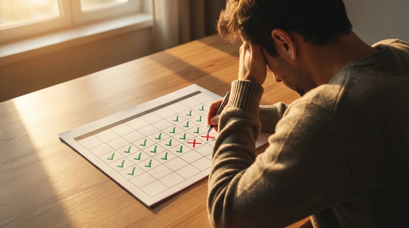 Broken habit streak on a physical calendar, person hesitates in golden hour light.