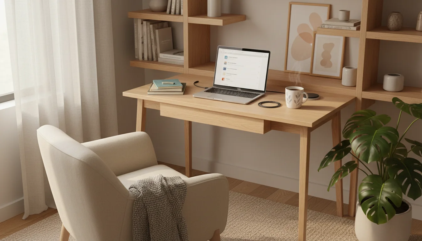 A calm, organized light wood desk in a home office, featuring a laptop, notebooks, a plant, and a person's arm.