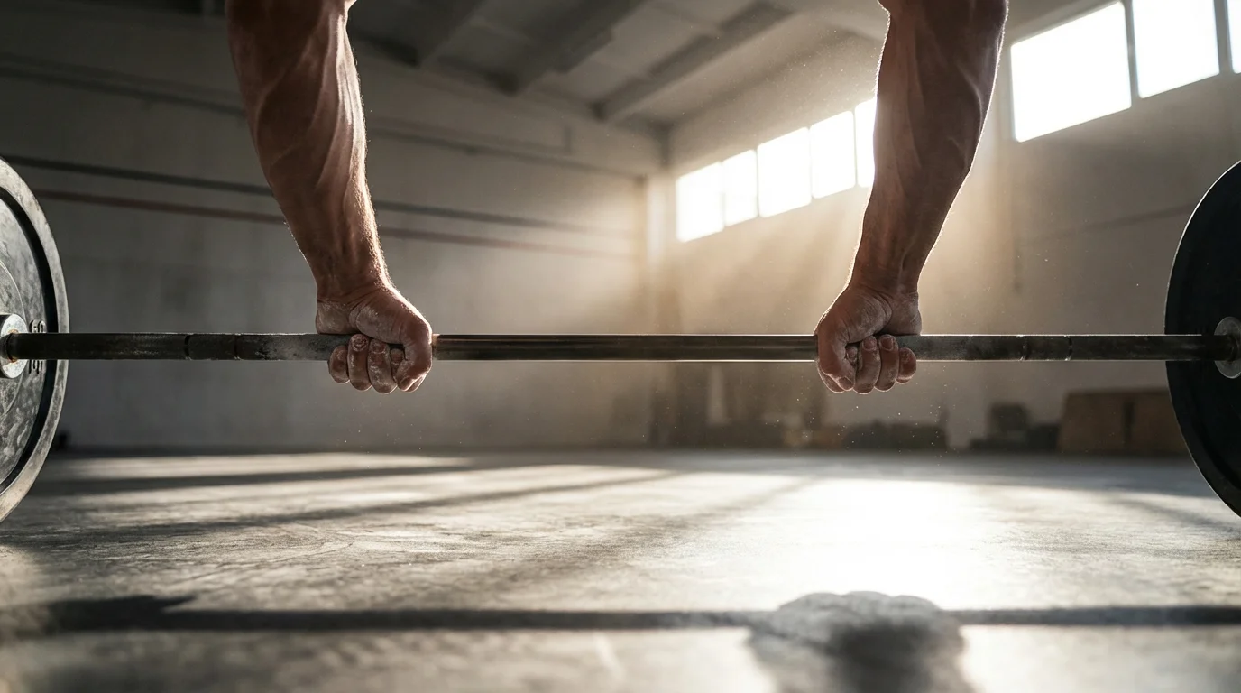 Chalked hands intensely lifting a heavy barbell in a gym under dramatic afternoon shadows.