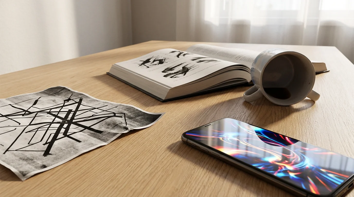 Chaotic arrangement of fragmented work tasks on a desk, symbolizing the cognitive cost of multitasking.