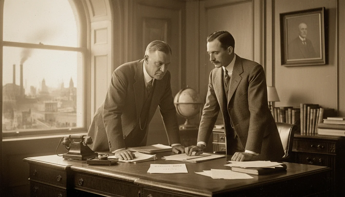 Charles Schwab and Ivy Lee discussing a productivity method in a 1918 office.