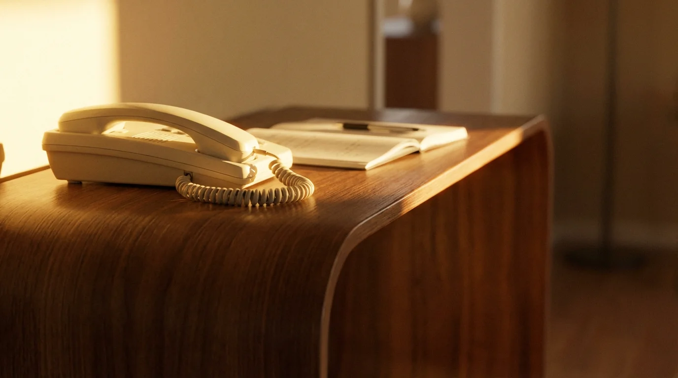 Classic corded phone and paper notebook on a table bathed in warm golden sunlight.