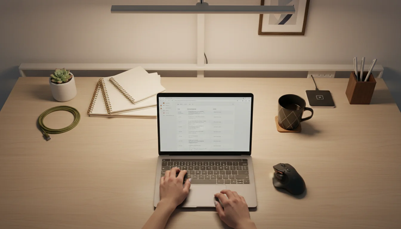 Overhead view of a clean desk with hands typing on a laptop and a few essential tools surrounded by many less critical office supplies.