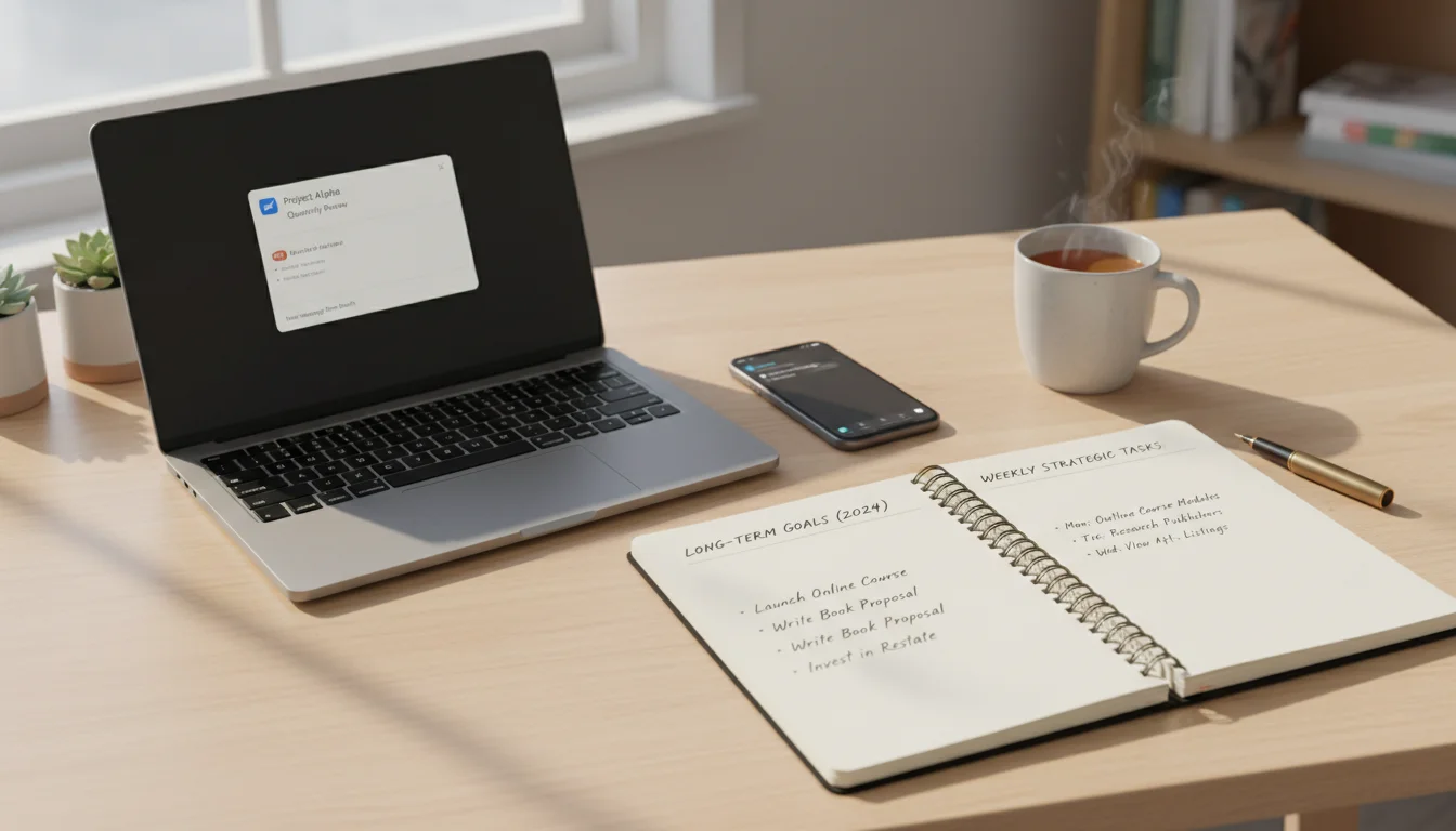 A clean desk showing a laptop with an email, a phone with a notification, and an open planner with written goals, illustrating urgent vs. important ta