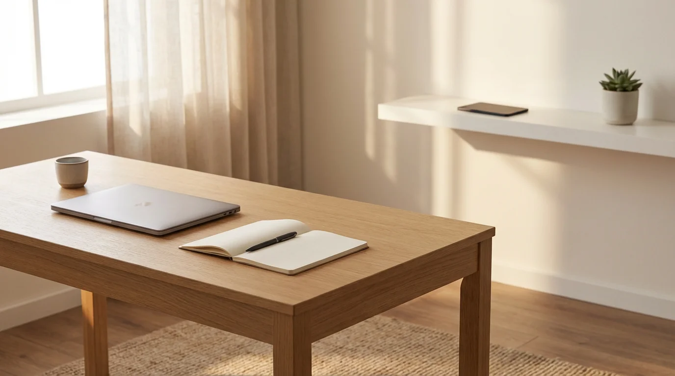 Clean home office desk setup showing a smartphone intentionally placed on a high shelf for deep work.