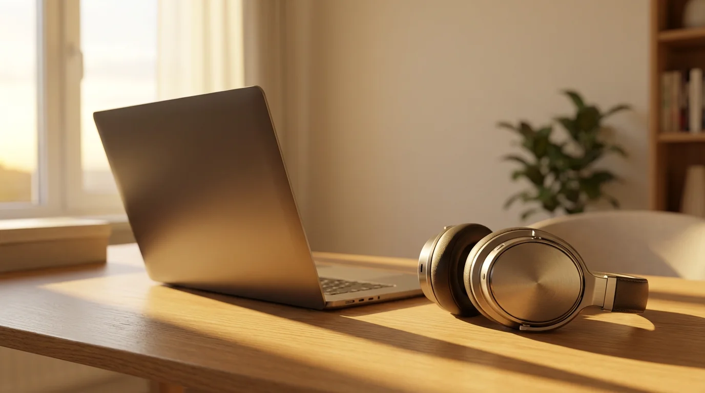 Clean home office desk with laptop and headphones bathed in warm sunset light.