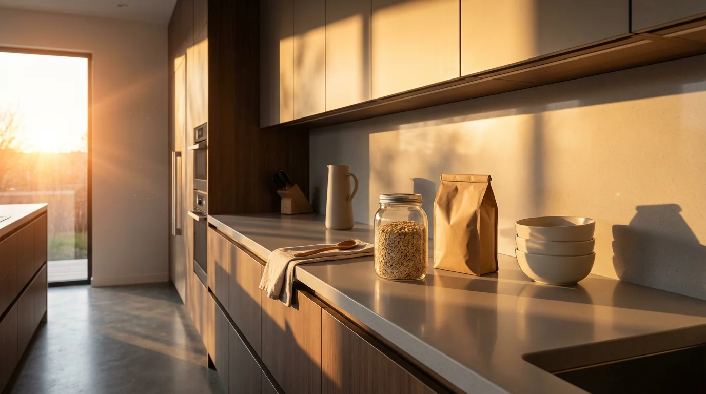 Clean kitchen counter with assembled breakfast ingredients under moody afternoon light.