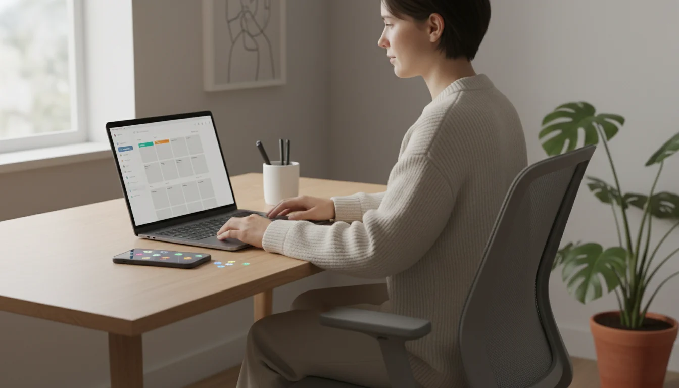A clean, minimalist desk with an open laptop displaying a productivity app and a smartphone subtly glowing with numerous notification badges, symboliz