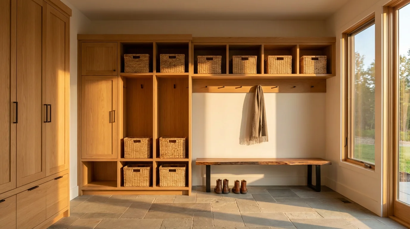 Clean modern mudroom with built-in storage baskets and bench during golden hour.