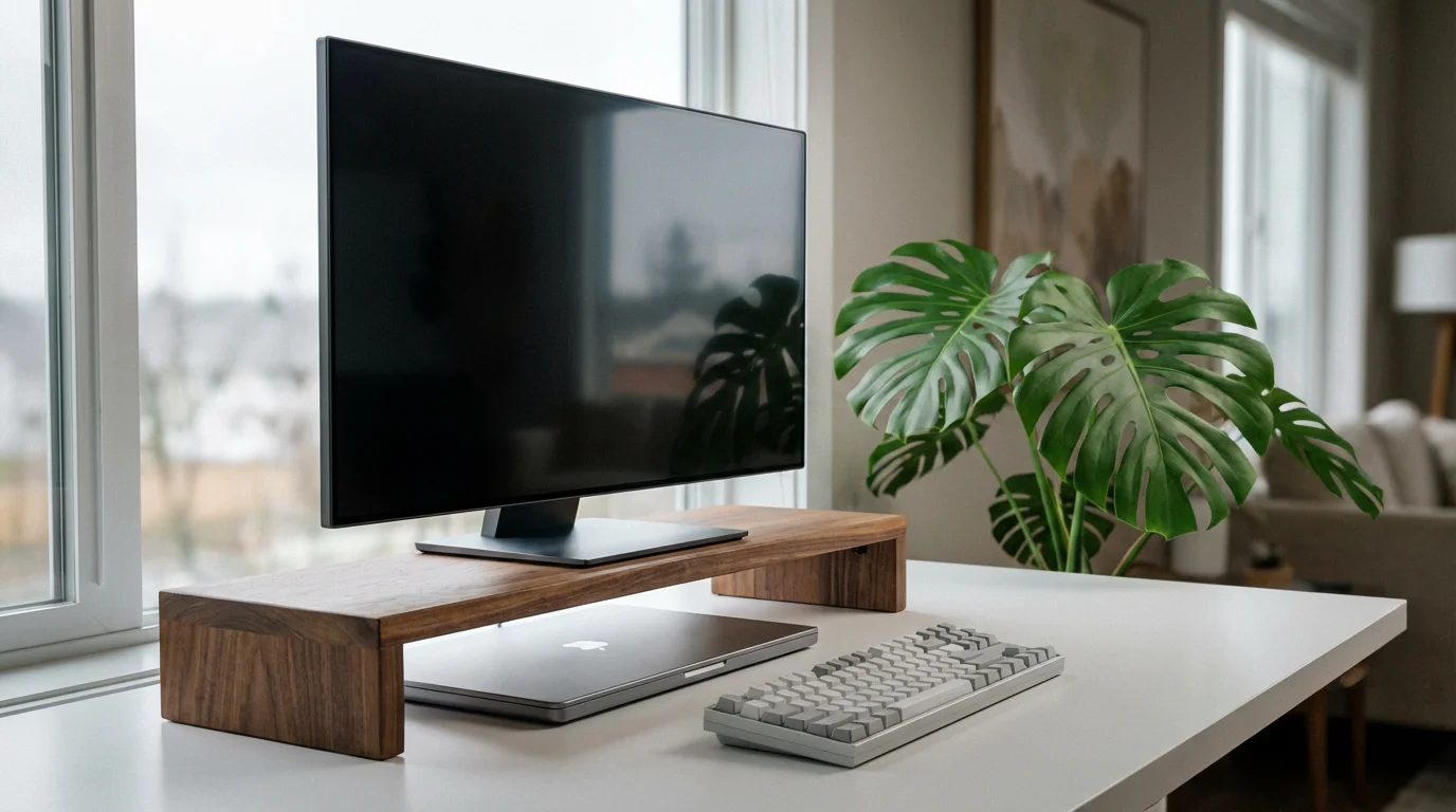 Clean modern workspace with monitor, closed laptop, and plant emphasizing digital wellness.