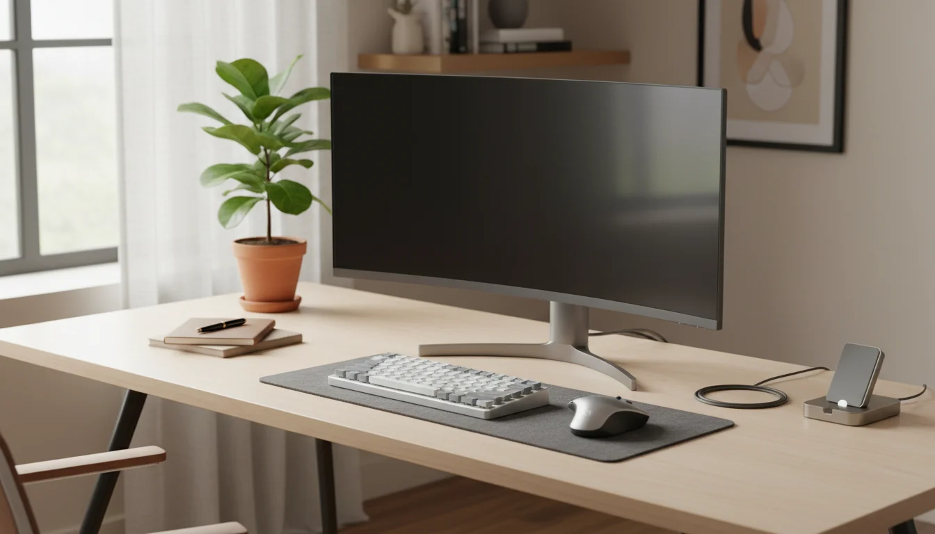 Clean, organized home office desk with ergonomic monitor, minimalist keyboard and mouse, a small plant, and natural light from a window.